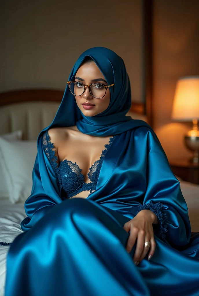 (((wearing Wide-hijab))), (((Large Breast))), plump body shape)), Plump , Nipple Exposed, Detailed description of face,Detailed description of body, Fair and clear skin, matchless beauty, long legged,(Stocking, Beauty mole,Sapphire Necklace, (((mature royal Mother))),red-lips,Touch , seducting smile, Facing the audience, Sitting、See-through exposed underwear, Lace underwear、the royal palace、a bed、doress、(((see -through))), (((wearing glasses)))