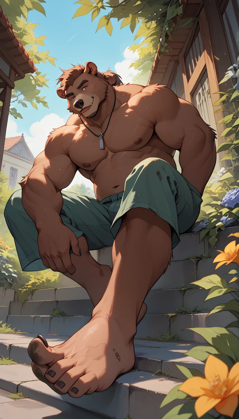 big, furry, muscular male, grizzly bear, ponytail hair, mature man, sitting in garden, barefoot, dirty feet, topless, no shoes, sole visible, foot focus, low angle view