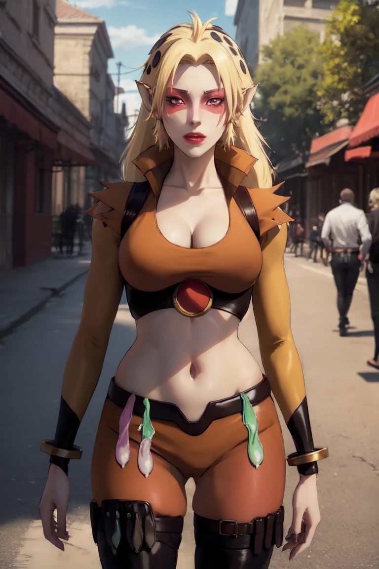 CARTOON_Cheetara_Thundercats2011_ownwaifu,
1girl,  blonde hair, very long hair, colored skin, multicolored skin, two-tone skin,long hair, pointy ears, breasts, cleavage, makeup, red eyes, large breasts, navel, lipstick, brown eyes, blush, bangs, eyeshadow, slit pupils,   facepaint, lips, jewelry, leopard print,
collared jacket, orange leotard, midriff,  crop top, gloves, bracelet, open clothes,  (used condoms, used condoms, condom belt, used condom belt:2.2), (no panties, pussy, nsfw), anklet, thighhighs, fingerless gloves, sleeveless, 
((masterpiece)),((best quality)),(highres, absurdres), original, official_art, chromatic_aberration, light_particles, bokeh, bloom, depth_of_field, outdoors, day, looking at viewer, solo, cowboy shot,