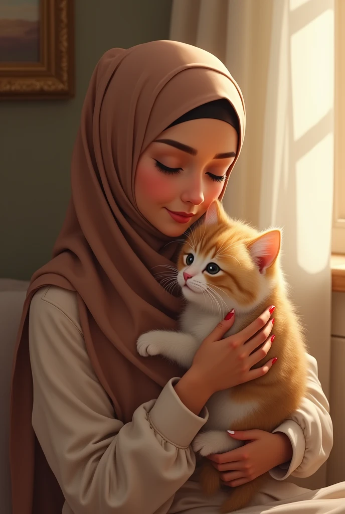 Cute hijab girl with a cute orange kitten