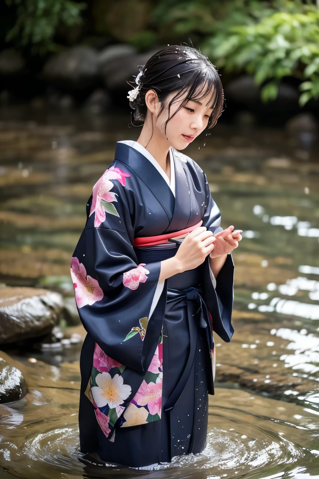 1 person、Real、Wet、Hakama、Japanese、kimono、Women、、Long-sleeved kimono、long hakama、soaking wet、Hakama、whole body、tabi、Hakama with wet texture、Water play Bathing、rain、river、Clothes that stick to the skin、floral kimono、cloth that absorbs water、sit