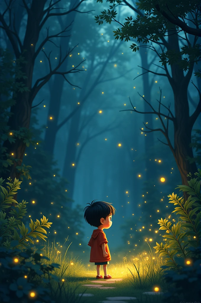 Create an image of Max, a curious young boy with short brown hair, standing at the edge of a dense, magical forest. The forest is filled with towering, glowing trees and sparkling lights, hinting at the wonders inside
