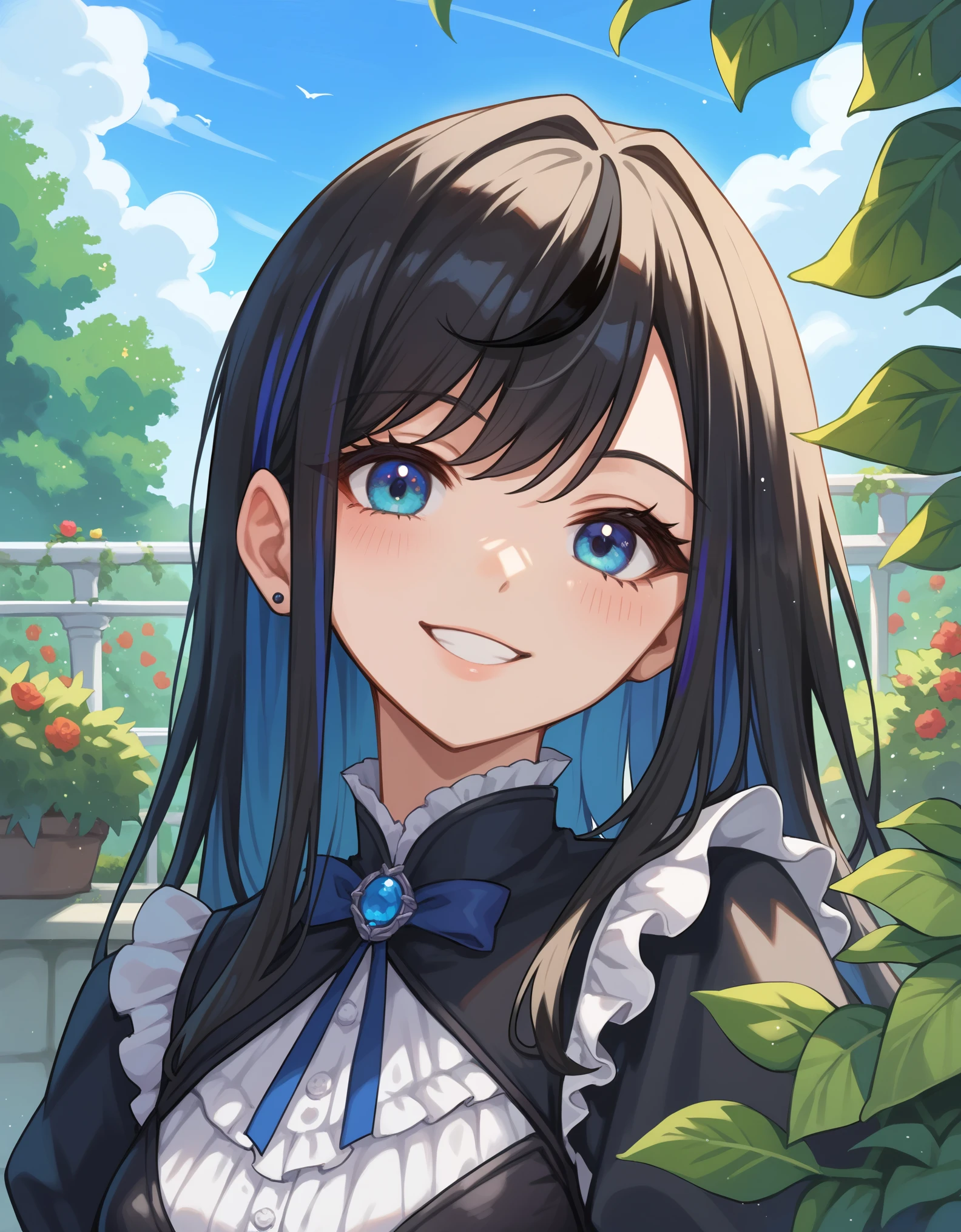 score_9, score_8_up, score_7_up, rating_safe, 1girl, gothic clothes, close-up, looking at viewer, long hair, black hair, streaked hair, smile, garden, bushes, blue sky, 