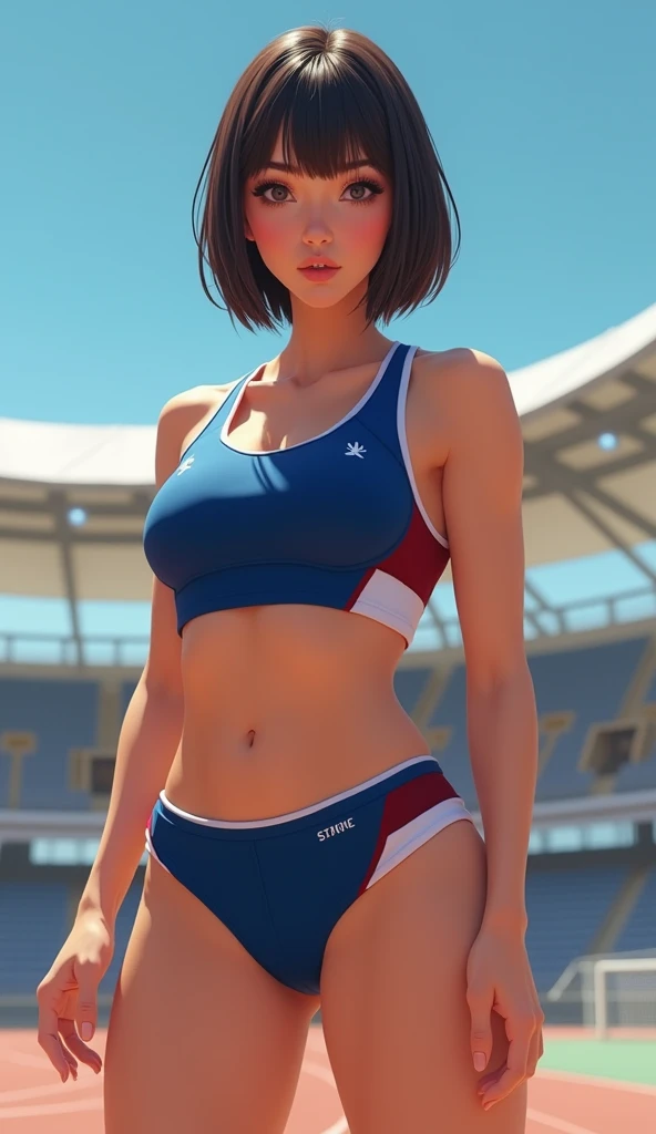 young tomboy, white skin, short curly hair, black hair, Olympic stadium, ((white tank top)), visible breasts, low-cut speedo, slight smile, arms raised, clothes soaked in sweat, nipples slightly visible, large thighs, ((full body shot)), ass hanging out, ((photo taken from below))