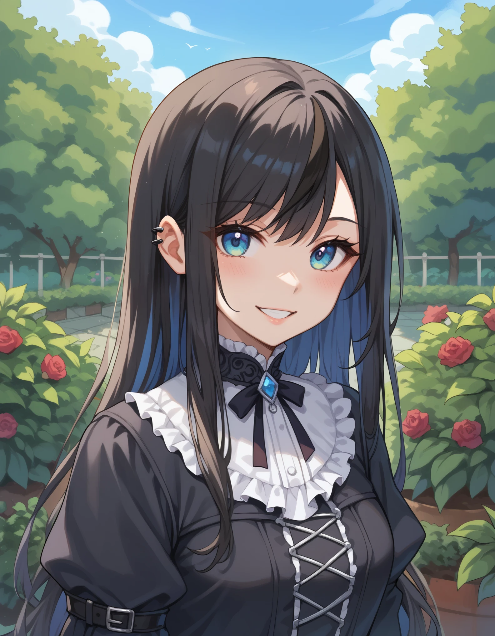 score_9, score_8_up, score_7_up, rating_safe, 1girl, gothic clothes, close-up, looking at viewer, long hair, black hair, streaked hair, smile, garden, bushes, blue sky, 