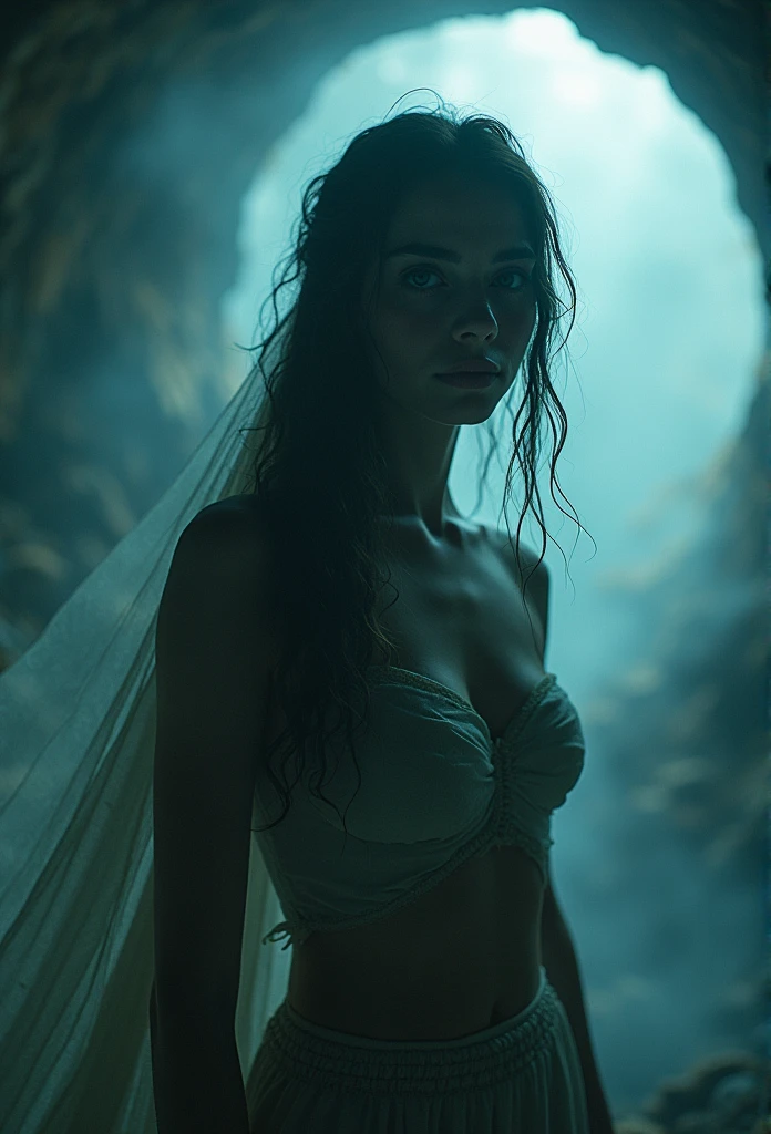 A mysterious mountain tale, a beautiful evil spirit that appears in an abandoned tunnel deep in the mountains, focus on the woman, subjective footage, paranormal footage, a sexy beauty in a sheer white negligee stands like a ghost, and the close-up of her face is of unparalleled beauty and is very alluring, she looks slightly down and glares at you before bursting into a very wicked laugh., perfectly beautiful body, super detailed skin, glossy skin, Beautifully detailed mouth, beautifully detailed teeth, beautifully detailed fangs, beautifully detailed tongue, beautifully detailed lips, masterpiece, incredibly absurd res, absolutely resolution, ultra high res,