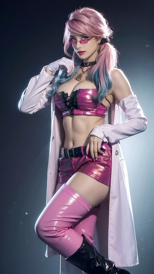 masterpiece, best quality, 1girl, idol, shiny, stage lights, close-up, kdaevelynn with pink grey hair and orange eyes, wearing kdaoutfit, large breasts,jacket and skirt and stockings and claws,