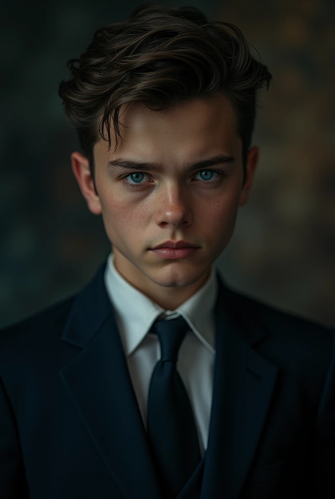boy standing in black gentlemanly suit, extremely detailed face, beautiful golden detailed eyes, beautiful detailed lips, detailed facial features, gray fog background, dark atmosphere, abomination, 11 year old human ???, (best quality,4k,8k,highres,masterpiece:1.2),ultra-detailed,(realistic,photorealistic,photo-realistic:1.37),surreal,dark fantasy,moody lighting,cinematic,dramatic lighting