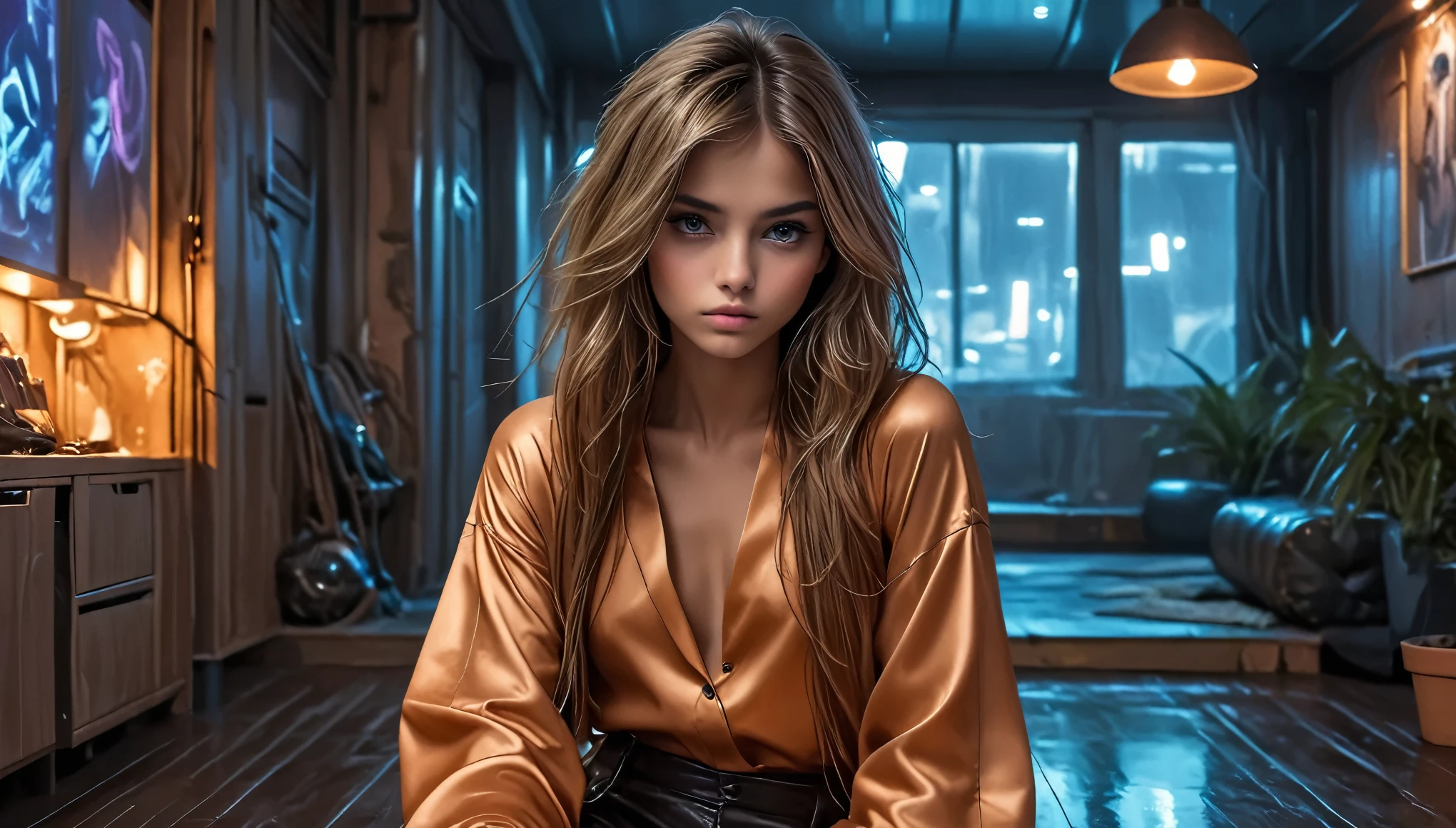 8k, high resolution, masterpiece, ultra-detailed, full body shot, (((cute tanned barely legal girl in worn leather shirt and leggings, shiny puffer jacket off-shoulder, wide neckline, deep neckline))), (small perky breasts, small hips, detailed face, seductive expression, long slick ponytail hair, some tattoos), (((in a dark dungeon, moody atmosphere, random dramatic and neon colors, intricate details, dim light from behind, at night, backlit, full body shot, random colors, random pose)))