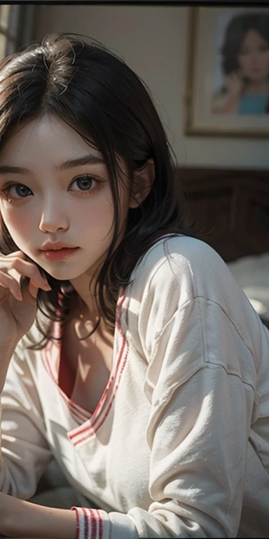 8yk、RAW photo、(masuter pcs)、(Exquisitely best quality)、high-res、(girl)、(Reality、Hphotorealistic:1.2), Upper body、Red camisole、Face up.、skinny、14 years、Small、Closed eyes、Deepest sadness.、sorrow、Look up at the sky.、opened mouth、Scream、Room、Background blur