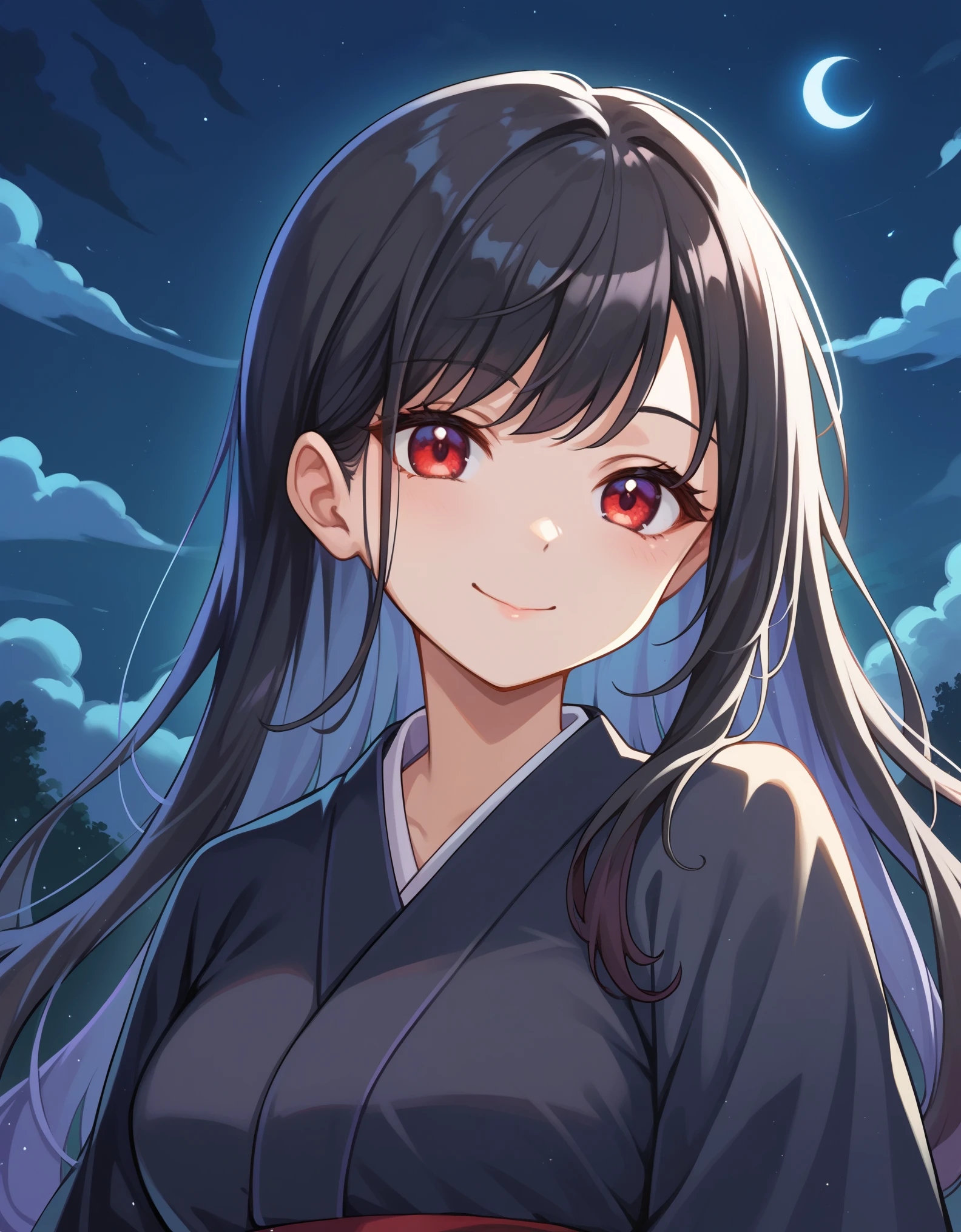 score_9, score_8_up, score_7_up, rating_safe, 1girl, close-up, upper body, moonlight, night, breasts, black kimono, long hair, black hair, red eyes, cloudy skies, slight smile, closed mouth