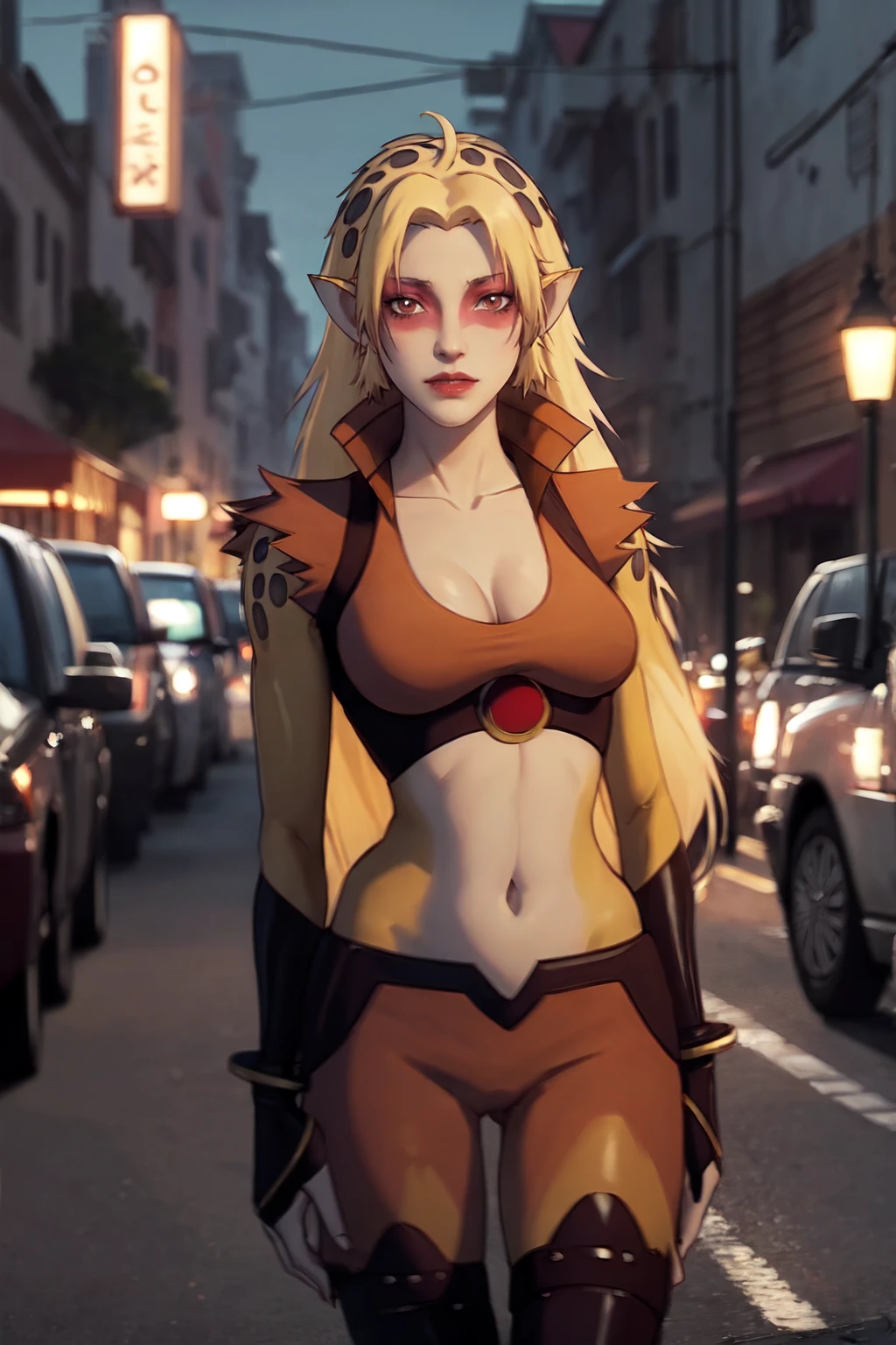 CARTOON_Cheetara_Thundercats2011_ownwaifu,
1girl,  blonde hair, very long hair, colored skin, multicolored skin, two-tone skin,long hair, pointy ears, breasts, cleavage, makeup, red eyes, large breasts, navel, lipstick, brown eyes, blush, bangs, eyeshadow, slit pupils,   facepaint, lips, jewelry, leopard print,
collared jacket, orange leotard, midriff,  crop top, gloves, bracelet, open clothes,  (prostitute:1.8), (no panties, pussy, nsfw), anklet, thighhighs, fingerless gloves, sleeveless, 
((masterpiece)),((best quality)),(highres, absurdres), original, official_art, chromatic_aberration, light_particles, bokeh, bloom, depth_of_field, outdoors, day, looking at viewer, solo, cowboy shot,