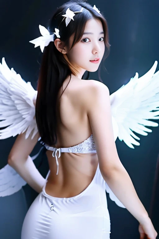 A girl with glowing angel wings on her back