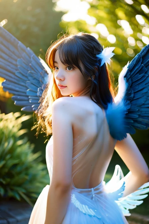 A girl with glowing angel wings on her back