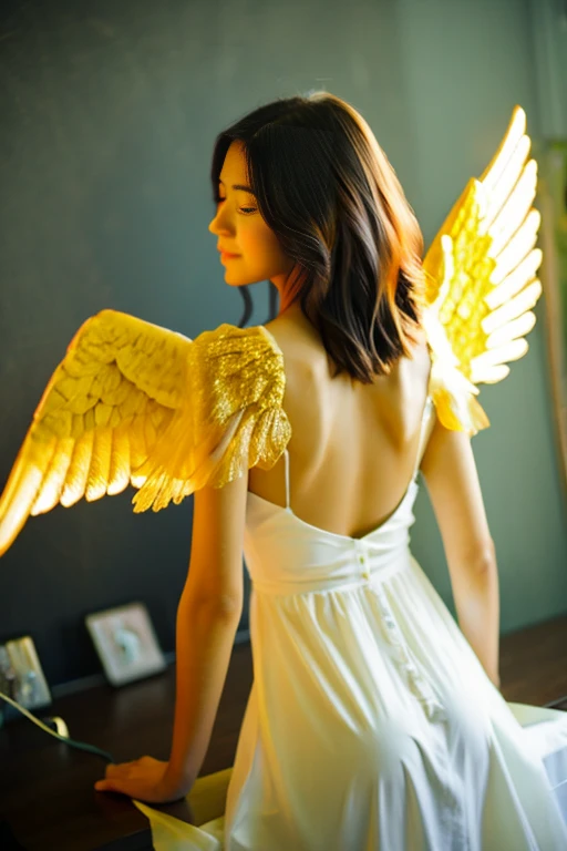 A girl with golden angel wings on her back