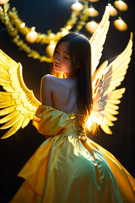 A girl with golden angel wings on her back