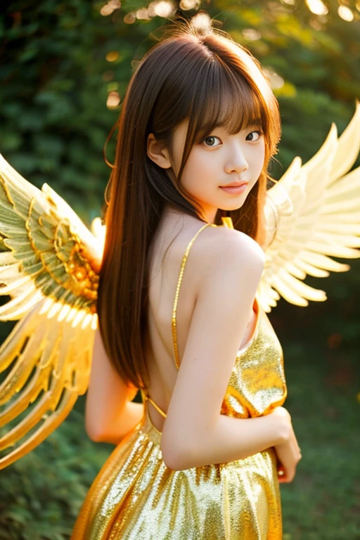 A girl with golden angel wings on her back