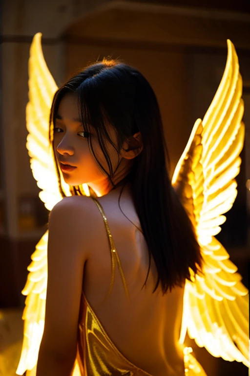 A girl with golden angel wings on her back