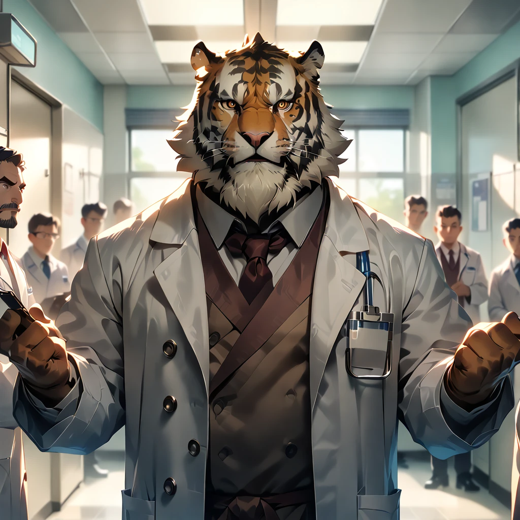 masterpiece, best quality, very aesthetic, absurdres, BREAK  doctor, 6 men, [face:full body:10], front angle, plump middle-aged director of a hospital tiger man, fluffy body, tail, brown eyes, beautiful beard, male face, big face, square jawline, male eyes, sharp eyes, big eyes, male eyebrows, innocent look, BREAK serious, white coat, standing, director's rounds, BREAK [simple background::12], afternoon, corridor, university hospital, indoor,