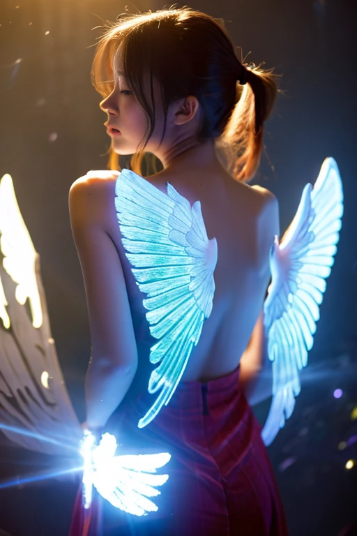 A girl with glowing angel wings on her back