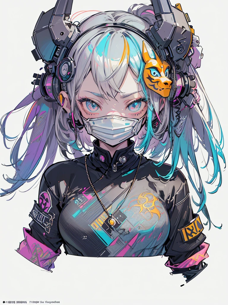 1girl, bangs, blue hair, gas mask, grey background, looking at viewer, mask, multicolored hair, pink hair, shirt, short sleeves, solo, two-tone hair <lora:mazav1C:0.8>