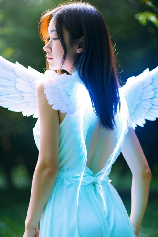 A girl with glowing angel wings on her back