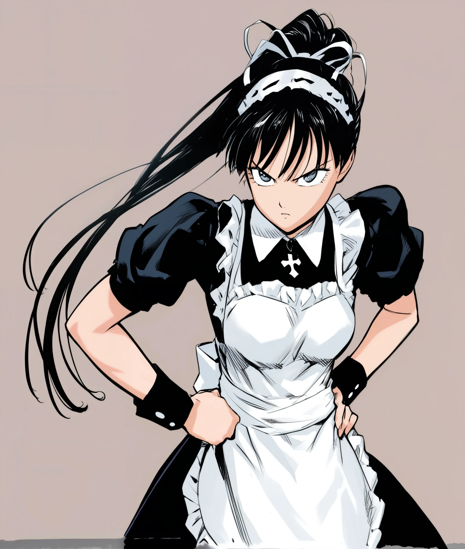 source_anime, score_9, score_8_up, score_7_up, score_6_up, Anime-style female character in maid outfit, dynamic pose with hands on hips, determined expression, black hair in a ponytail, detailed black and white outfit with frills, ruffled apron and headband, bold outlines, manga shading style, slight leaning forward posture, strong and confident demeanor, minimal background. Manga panel, exaggerated expressions, dynamic angles, cross-hatching for shading, simple backgrounds, clear character outlines, speckled or cross-hatched effects 

