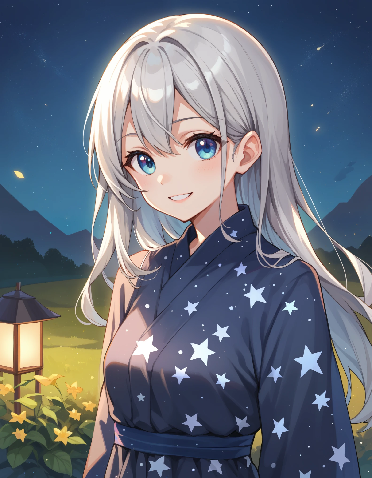 score_9, score_8_up, score_7_up, 1girl, long silver hair, upper body, blue eyes, arms at side, outdoors, starry night, long grey star print dress, smile,