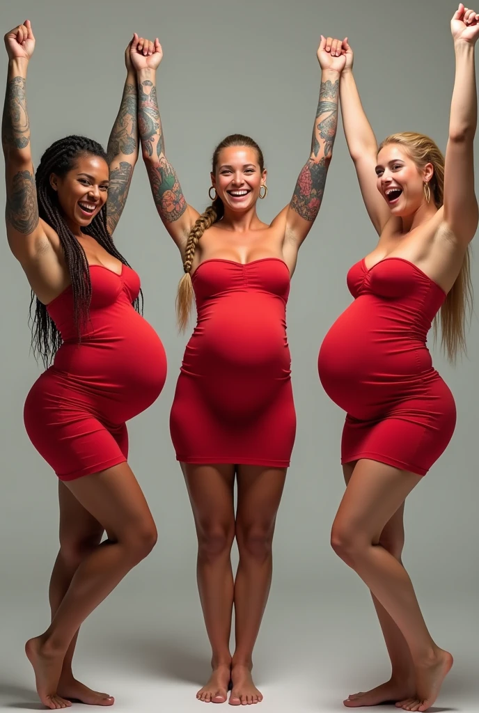 Two pregnant plump bodybuilding Russian 18 years old girls with gigantic pregnant bellies in red strapless short dresses