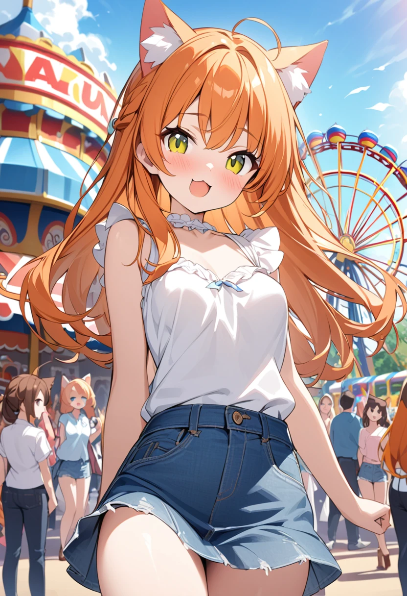 Viewer discretion advised、Young girl、Very cute、small、Firm breasts、Denim skirt、Orange Hair、High quality backgrounds、amusement park、Cheerful attitude、Cat ears、Cat&#39;s tail、An innocent smile、One old man、One girl、Date、Holding hands