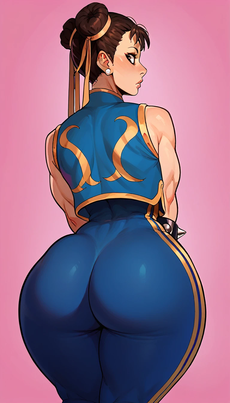 score_9, score_8_up, score_7_up, 1girl, solo, chun-li, thick thighs, from behind, Opening buttocks , ass, looking back, looking at viewer, shirt, pants, pink background, spiked bracelet, Looking back, sagging and round buttocks 