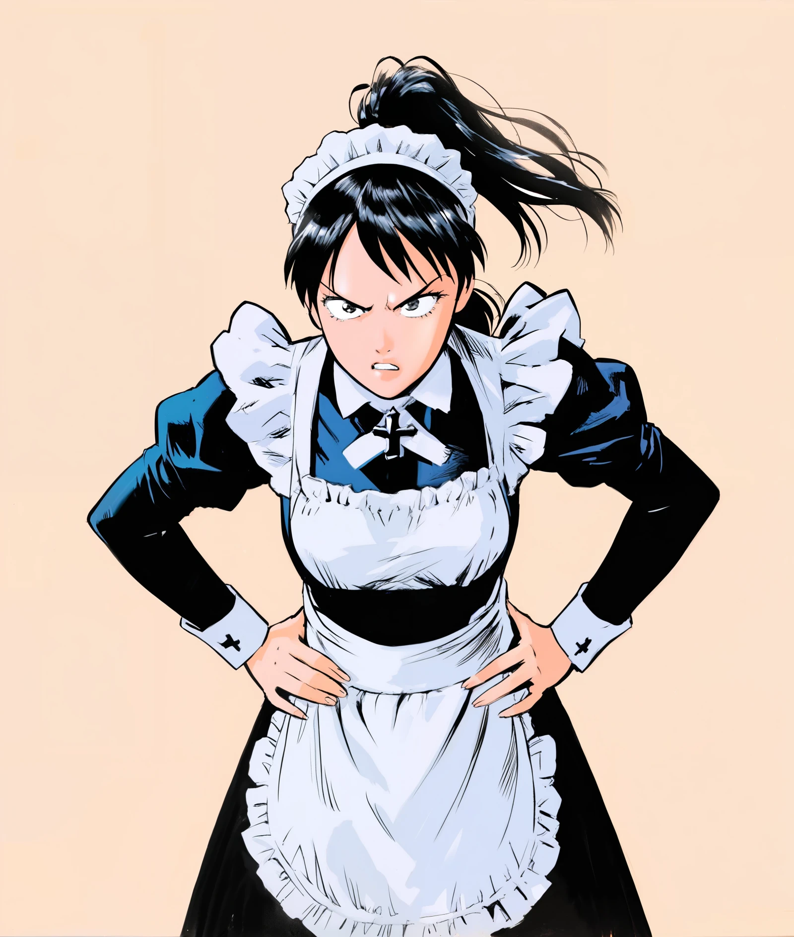 source_anime, score_9, score_8_up, score_7_up, score_6_up, Anime-style female character in maid outfit, dynamic pose with hands on hips, determined expression, black hair in a ponytail, detailed black and white outfit with frills, ruffled apron and headband, bold outlines, manga shading style, slight leaning forward posture, strong and confident demeanor, minimal background. Manga panel, exaggerated expressions, dynamic angles, cross-hatching for shading, simple backgrounds, clear character outlines, speckled or cross-hatched effects
