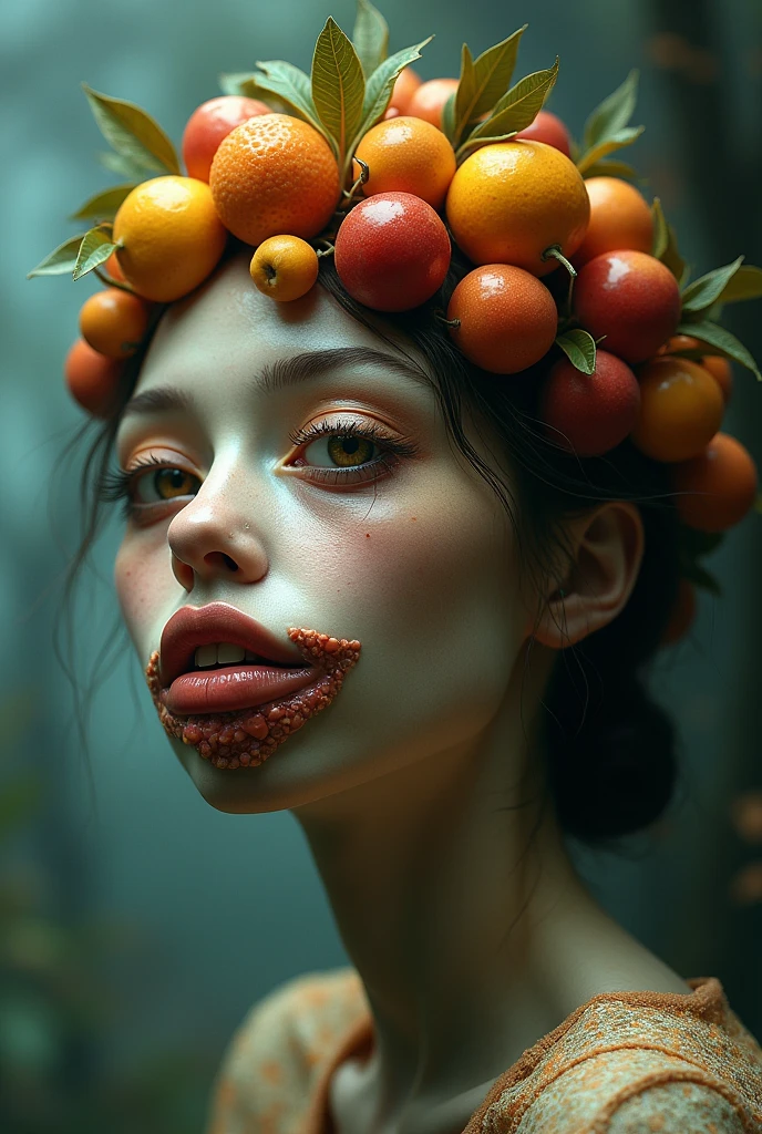 A self portrait of a skinny white naked red headed woman with a blank face painting on a blank portrait with blood with a fruit bowl with maggots coming out of the fruit in the background
