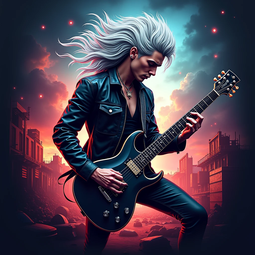 Logo for an artist that play guitar, Silver Hair, rock, a lot of color, Lens Flare, Motion Lines, From Below, Apocalypse,