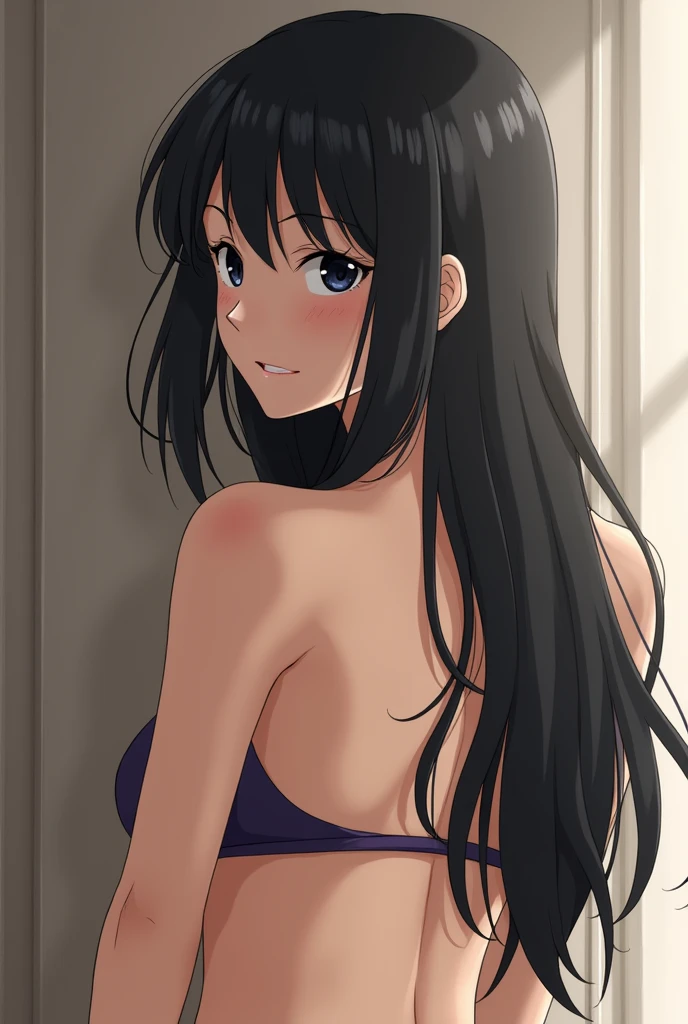 Curvy blue eyed girl with long wavy black hair and small breasts, (cruel_expression):4.0, lewd:2.0, (pubic_stubble):3.0