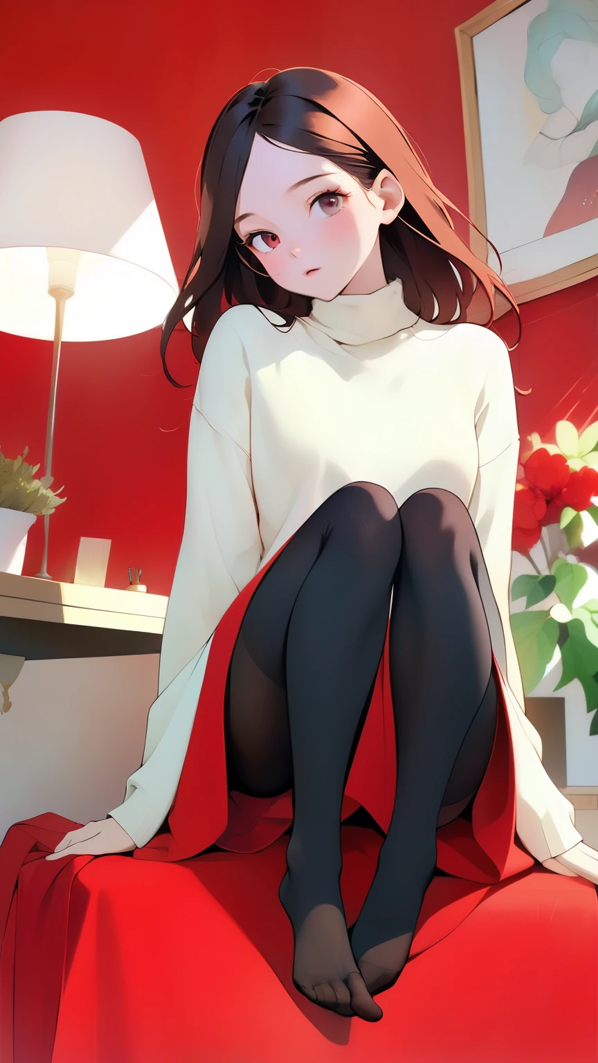 ((Best Quality, masterpiece)), (One girl, Alone), Perfect Anatomy, (cktights:1.2), Sweater dress, Red Pantyhose, whole body,Very delicate hair, Hair drawn carefully, strand by strand, No shoes, Perfect Shadow, Red Room, Houseplants, 