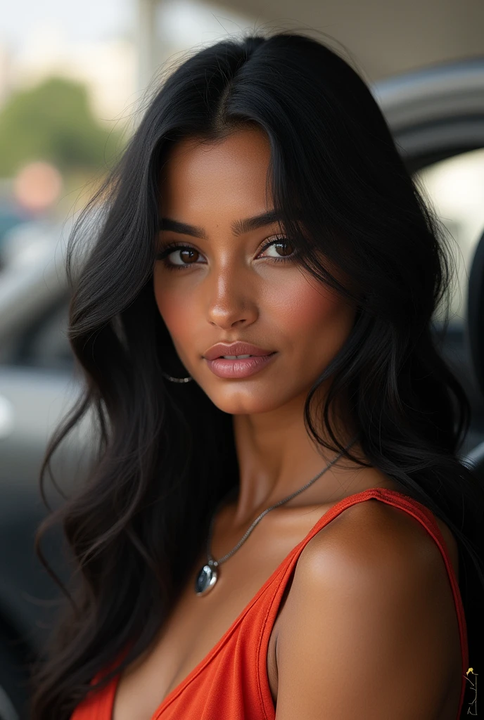 A 20-year-old woman with tanned skin, long black hair down to her waist, very light yellow eyes and very light brown, large breasts, gold necklace and earrings, small, full lips with gloss, loose red dress and 1,60 tall next to a car
