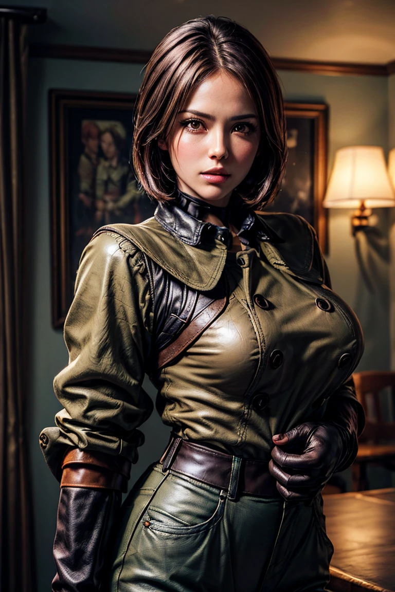 (Best image quality, highest quality, Highest Resolution, Ultra-Realistic Images, Very detailed, masterpiece, 8k), One Woman, Brown medium hair, Khaki military uniform, Leather gloves, Leather boots, ((With a blue whip)), big Breasts, blush, serious look, Dynamic pose, Browsing Caution, half body, perfect face