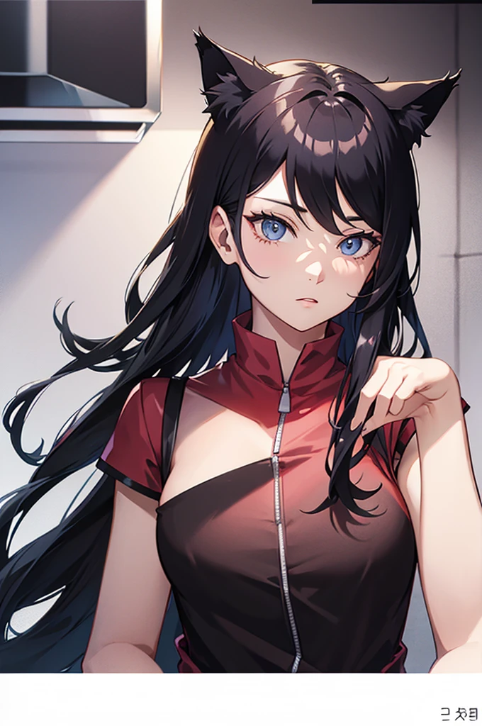 (((Portrait Photo))), She has the Appearance of a Regal Teenager, with a Strong, Muscular Build, and Pale Skin that Radiates Elegance. She has Long Black Hair, Styled in Odango-Shaped Buns with Thin Pigtails, which Resemble Wolf Ears. Her Icy Blue Eyes Reflect the Piercing Gaze of a Husky—Intense, Intelligent, and Unyielding. She is Dressed in a Traditional Black Cheongsam with Bare Shoulders and Loose Sleeves. Her Expression is Calm and Composed, with a Subtle, Knowing Smirk, Perfectly Embodying the Essence of Pride and Excellence. (((High Quality, Dark Background))), (((Portrait Photo)))