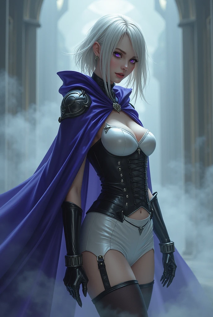 realistic, 1girl, white hair, purple eyes, glowing eyes, (elven:0.4), crop top, flapping miniskirt, (underboob:1.5), parted lips, blush, night, night sky, shore, waves, medieval town, sky at night
