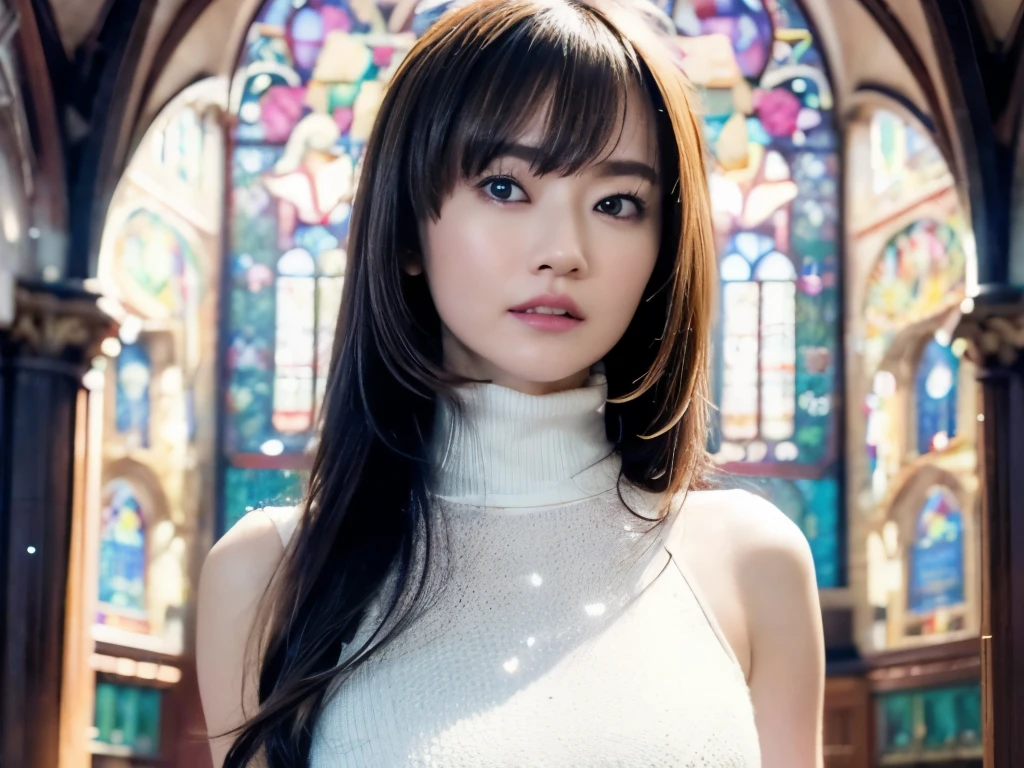 ultra HD, masterpiece, Highest quality, Just One Girl, very pretty,Nice face, Detailed eyes, Lol, Glossy Lips, Detailed eyes, Mid-chest, beautiful, sweet, sun glare, Turtle neck white  dress, Depth of written boundary, Blurred Background, with a cathedral background, Particles of light, very Long Hair、bangs,At church