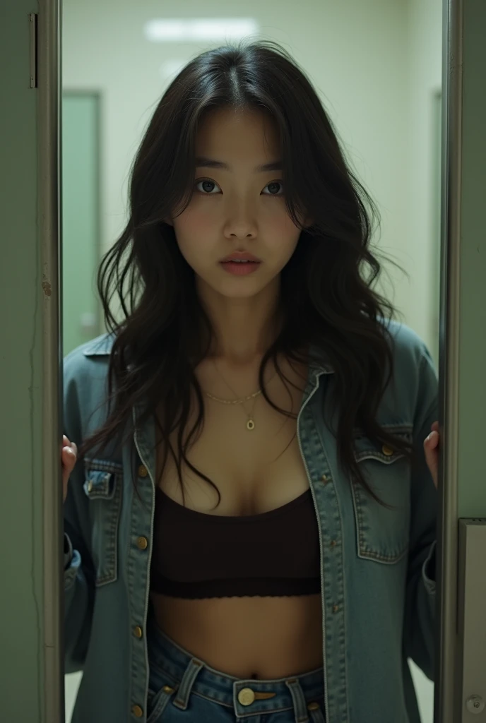 (A shabby narrow hallway).Breathtaking Glamour Black Hair Korean Woman Korean Girl Group Korean Idol Female.Big hearted.(Wearing tight skinny jeans and a tight bra).(full body shot).very big breasts.8K High Definition.Put on your shoes.Supermodel figure.(Behind them, old men are dragging a woman away while she is naked.).