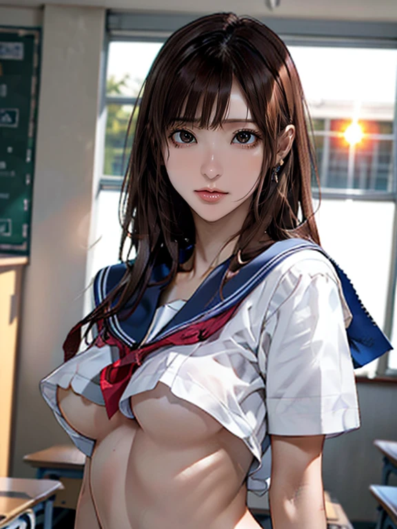 (8k,Photorealistic, masutepiece, Best Quality, Raw photo:1.3)、1girl in, 25years old,Solo,adult girl, Long hair, Brown hair, Detailed beautiful face, alluring face, (Detailed beautiful brown eyes:1.2), big breasts,(underboob:1.3),(coverd nipples:1.1),(loos school uniform :1.35), ( Perfect body skinny beauty: 1.4),( temptation Pose:1.3), (Looking at Viewer, front view,eyes focus:1.2), Detailed background, (sunset:1.2), classroom,fine detailed, intricate detailes,  Ray tracing, depth of fields, seductive smile,classroom,