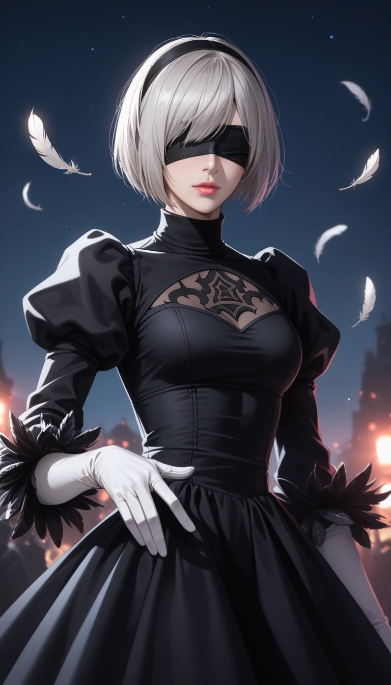 score_9, score_8_up, score_7_up, 32k,masterpiece, highest quality, photo realistic, vibrant colors, chiaroscuro lighting,
2B Nier Automata, 
bob cut, gray hair, bangs, blindfold, pink lips,
black goth dress, long sleeve, Juliet sleeve, white gloves, turtleneck, feather ornament, feather ornament sleeves,
a ruined world, a devastated battlefield, picturesque, beautiful scenery, fantastic night sky
seductive pose, cinematic angle,