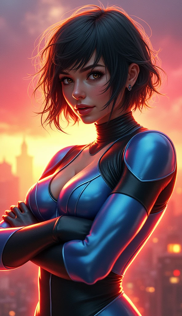 A beautiful smiling superheroine in Brazil, with a large butt, a well-toned body, and breasts almost visible, detailed face, intricate costume, complex background, dynamic pose, colorful vibrant atmosphere, cinematic lighting, highly detailed, 4k, hyper realistic, octane render, 8k, masterpiece