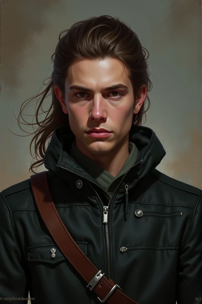 masterpiece, best quality, (extremely detailed CG unity 8k wallpaper), (best quality), (best illustration), (best shadow), absurdres, realistic lighting, (Abyss), beautiful detailed glow, art by PeterMohrBacher. Mateo, approximately 28 years old, with his slender yet slightly curvy body and short, wavy, chestnut hair, wearing a stylish leather jacket over a graphic tee, is riding a motorcycle through a winding mountain road, with a confident smirk on his face. Small breasts visible under his jacket. He has a slightly masculine face and a noticeable bulge in his pants. The scene is adventurous, with dramatic clouds in the sky and a scenic view of the mountains.
