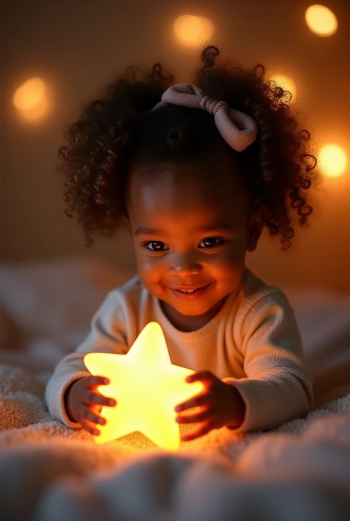 Create UHD photorealistic realistic image, no animation, no 3D image, no Pixar style. Capture a 24-month-old girl kid with a beaming smile, holding a small glowing star-shaped toy. Background: Softly lit, warm-toned room with fairy lights. Shot with a Canon EOS R5, 50mm f/1.2 lens, soft focus.
