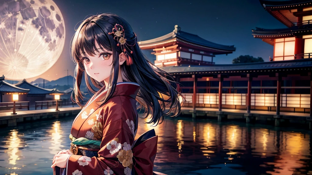 One girl, Long black hair, Brown eyes, Wearing a beautiful Japanese kimono, castle town,night,High resolution, Super sharp, 8k, masterpiece, View your viewers