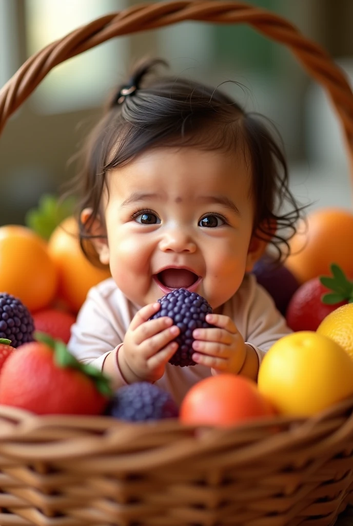 Create UHD photorealistic realistic photo, no animation, no 3D image, no Pixar style animation, no extra fingers. 18-month-old French-Italian girl with golden skin, sitting in an orchard, reaching for a ripe Small plum. Use Canon EOS R5 with 85mm f/1.2 lens. Soft, warm afternoon lighting. Capture with shallow depth of field. Professional outdoor portrait style.