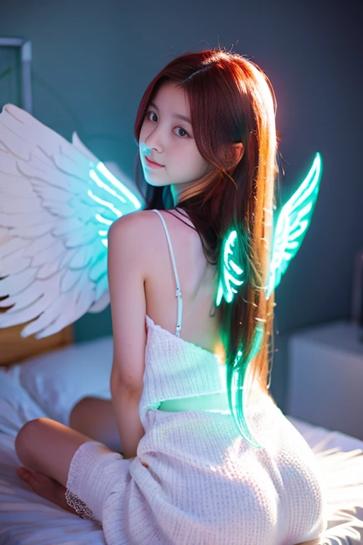 A girl with glowing angel wings on her back